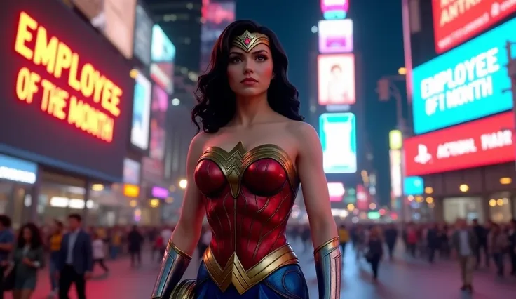 Wonder Woman, full body, realistic, iconic look, realism, incredible details, 8k, in the background you can see time square and on all the screens it says: EMPLOYEE OF THE MONTH in neon lights, bright block letters.