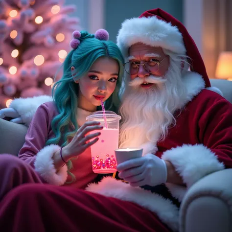 A XianXia maiden with teal and pink hair is sitting close beside Santa Claus on a comfortable sofa. She is sipping a plastic cup of pink bubble tea with shimmering iridescent pearls. Santa, with his warm presence, enjoys a cup of hot milk. The soft glow of...