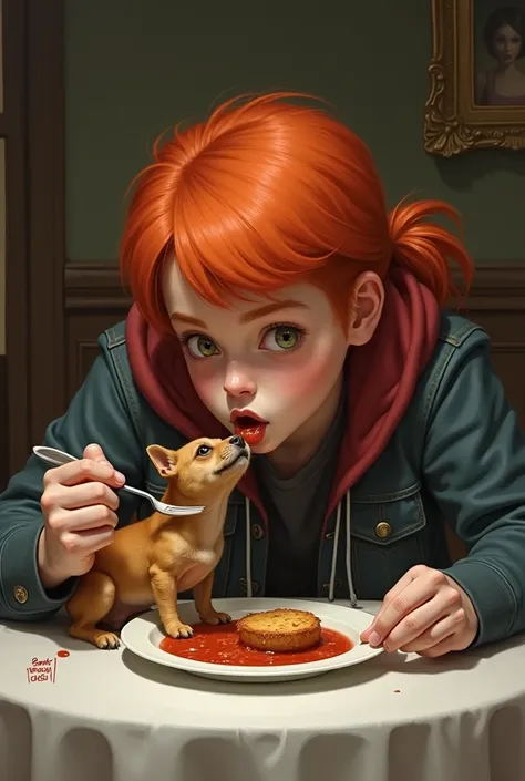 Fat red head teenager, eating politely a small brown dog