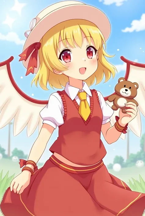 1 girl, Flanders Scarlett, Toho Project, hat, round hat, solo, blonde, stuffed doll, red sweater, wings, stuffed animal, teddy bear, red eyes, crystal, sweater, white accessory, outdoor, short sleeves, looking up, holding her hand, puffy sleeves, skirt, sh...