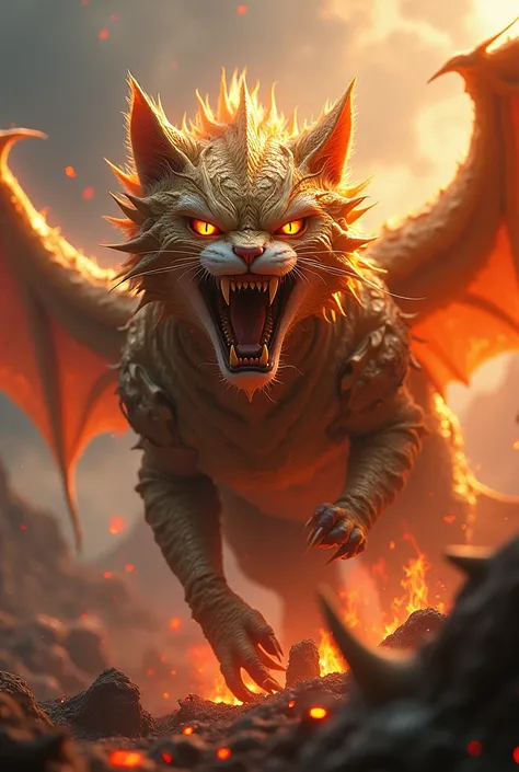 cat mix fire dragon from hell with angry face, full hd resolution , war in heaven, full bloody with armor gold