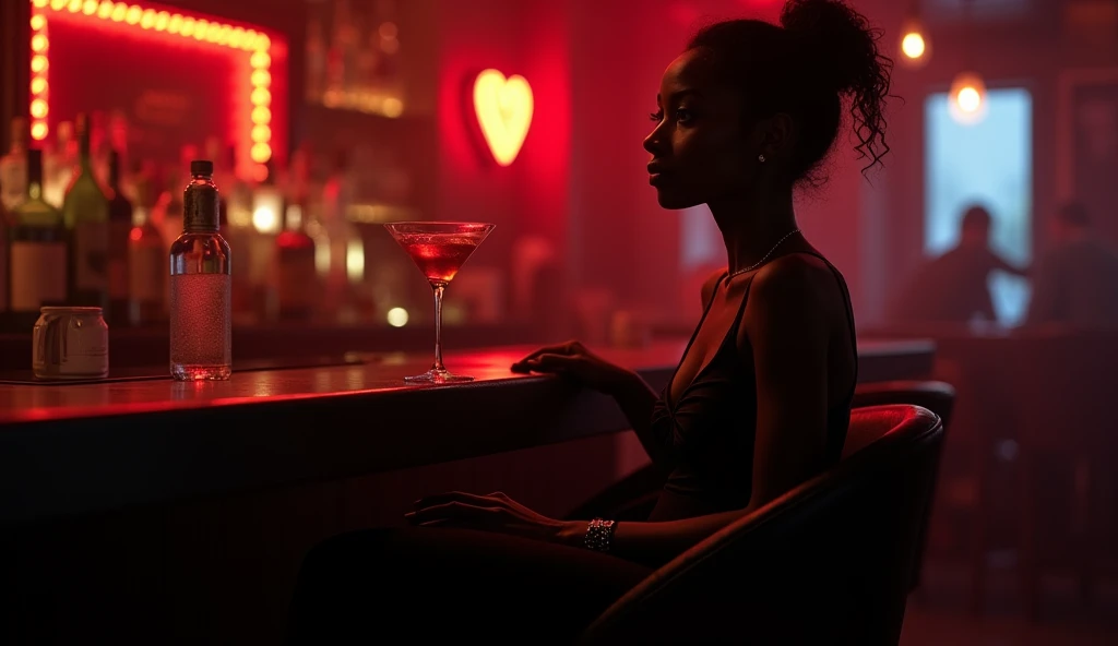  highest image quality taken by Ki、 Photorealistic 、16:9、Inside the dim club 、 sitting alone in a bar chair at a club bar、The woman has a slender figure like a supermodel、Full body image of a woman、She is an attractive and beautiful black woman sitting alo...