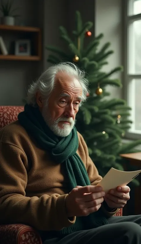 A sad old man wearing a brown sweater and a green scarf is looking at a note in his hand and in the back he finds his blurry apartment with a Christmas tree. 
