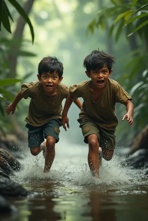 Two young boys running away teriffied of crocodiles