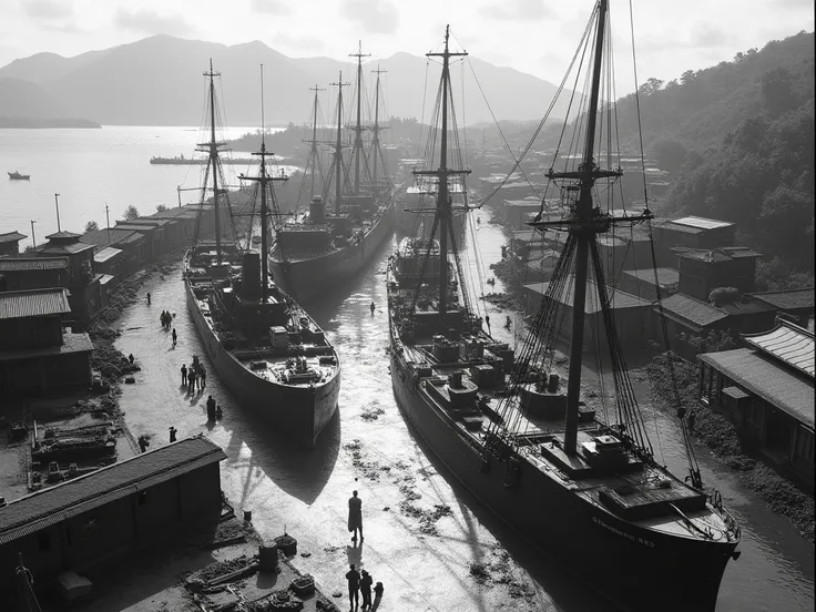 Japanese shipyard in Victorian era aerial view black and white style