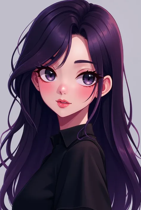 Animated woman with dark purple hair with gray eyes wearing black shirt