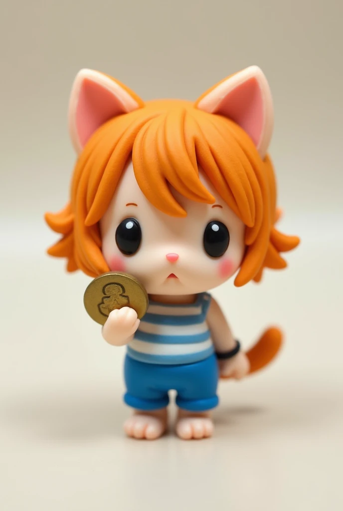 “A handmade polymer clay figurine of a cute cat inspired by Nami from One Piece. The cat has wavy orange hair, wears a simple blue and white striped top, and holds a coin in one paw. It has a charming and minimal design, with small details like a bracelet ...