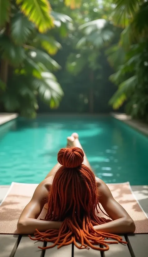 "A lower shot ,  but still from above the pool ,  where the camera gets a little closer to the girl on the mat .  She is still lying face down ,  with the bun in her red hair and the dreadlocks spread across the mat.  The tropical pool and the green enviro...