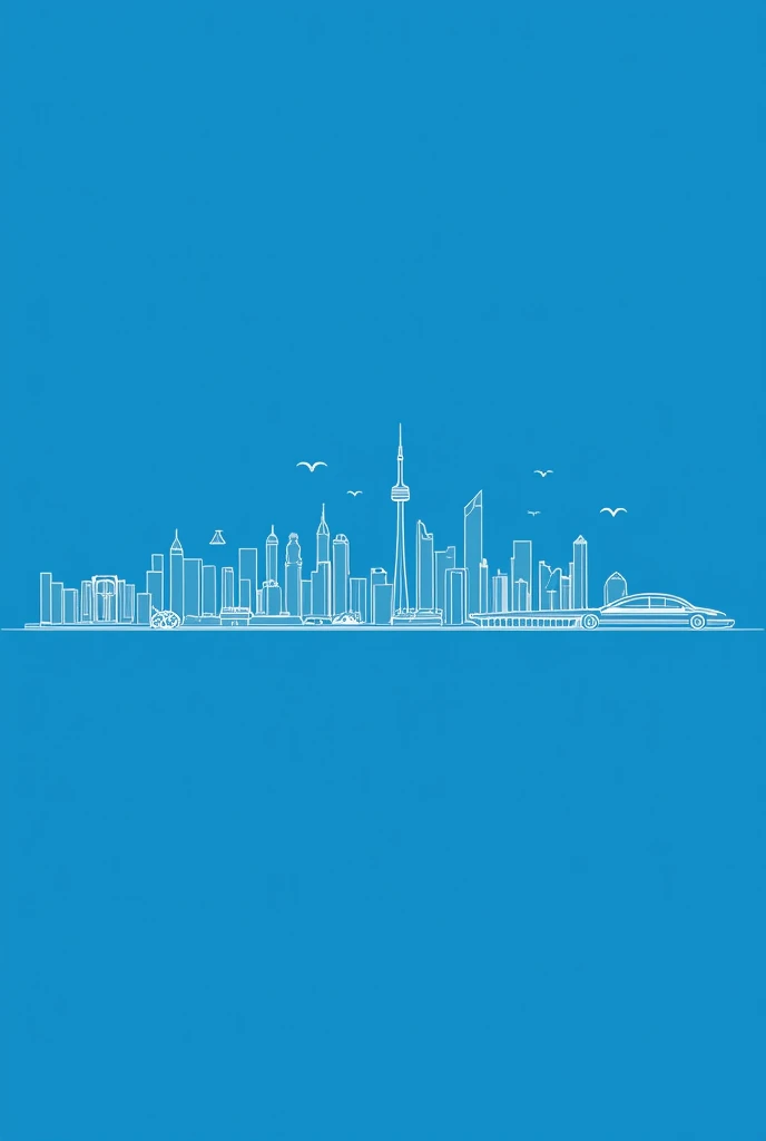 white line art of toronto skyline, outline style, in straight line, on blue background