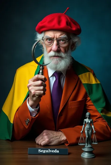  Stylish photo ,  old man with white hair like crazy scientist , wearing a red beret and dark orange suit and purple tie , with an angry face,  holding a magnifying glass with one hand that makes one eye look big.  Dark background with shades of light blue...