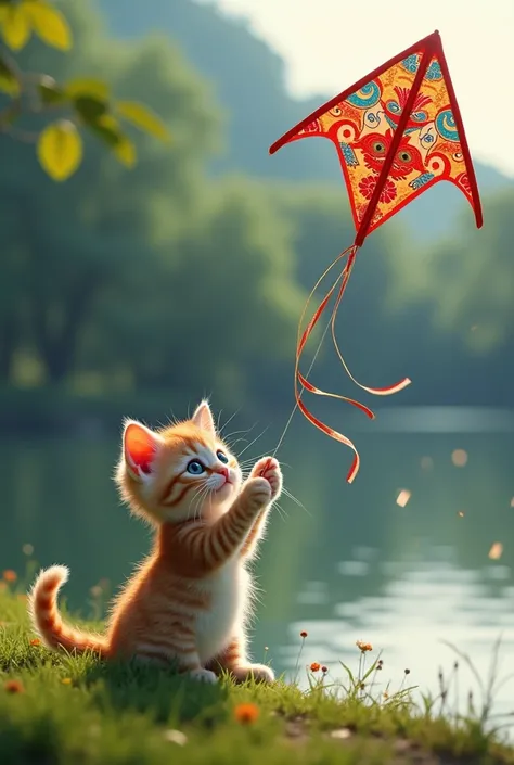 Live action kitten flying a Japanese kite at the riverside