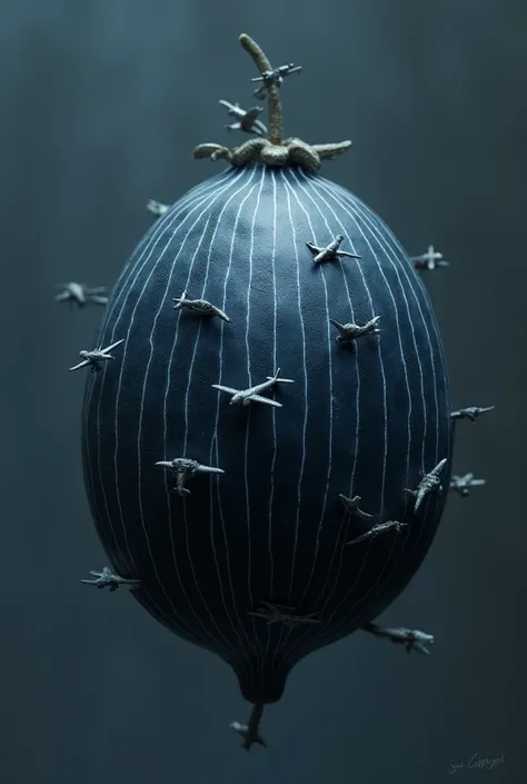 a very dark blue fruit (almost black) with white stripes and tiny airplanes on its skin