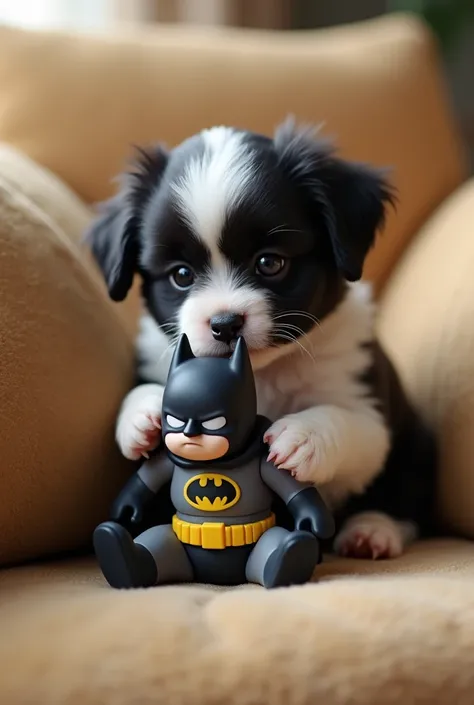 A small black and white puppy is sitting on the couch . A batman doll in the hands of a puppy