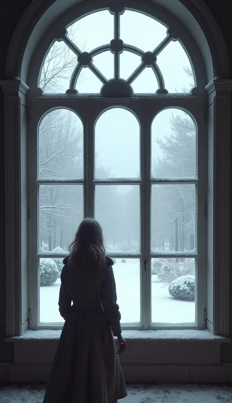 From a beautiful window you can watch snow fall without people. 