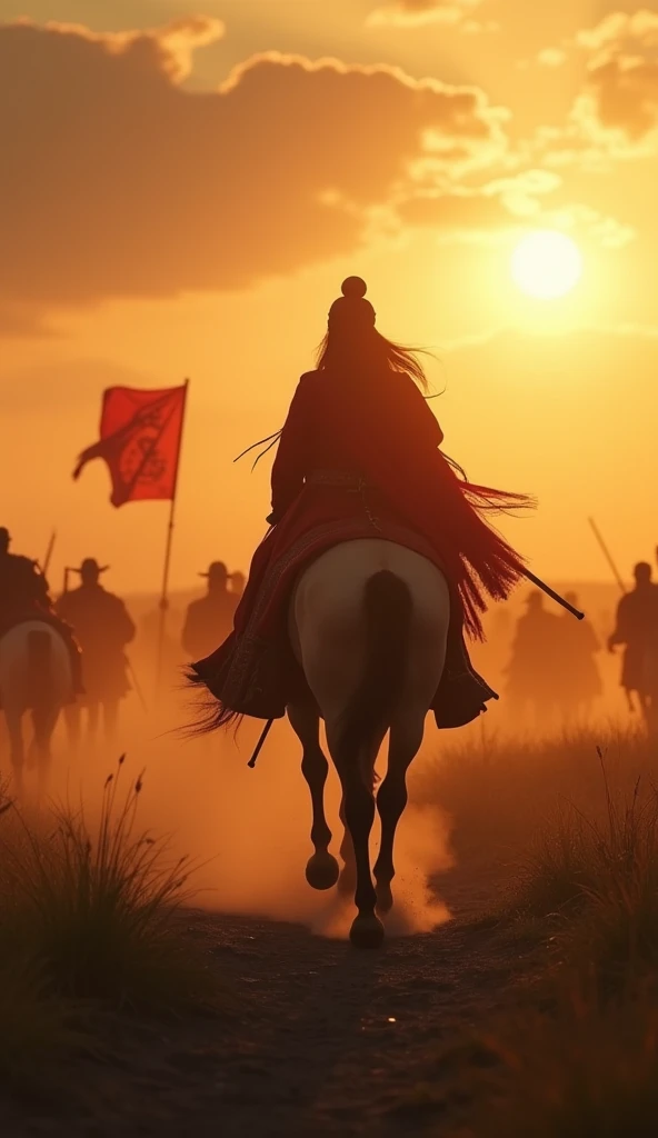 cinematic view of a Mongol princess riding a horse across a battlefield at dawn, leading her army towards victory. The background shows the faint image of Genghis Khan’s banner waving in the wind, symbolizing their shared power." 8k