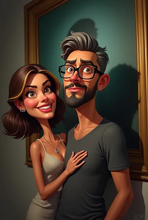 Gisele e Alceu  uma caricatura em estilo cartoon 3D altamente detalhada de um casal inspirada nas fotos de referência fornecidas.  The man has short hair , dark and slightly gray ,  a well-trimmed beard with soft shades of gray and wears transparent glasse...