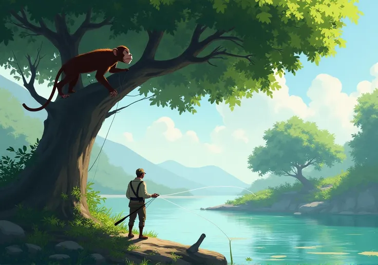 A monkey perched on a branch on a tall tree, watching a fisherman using a fishing line on the river bank, at the same distance.