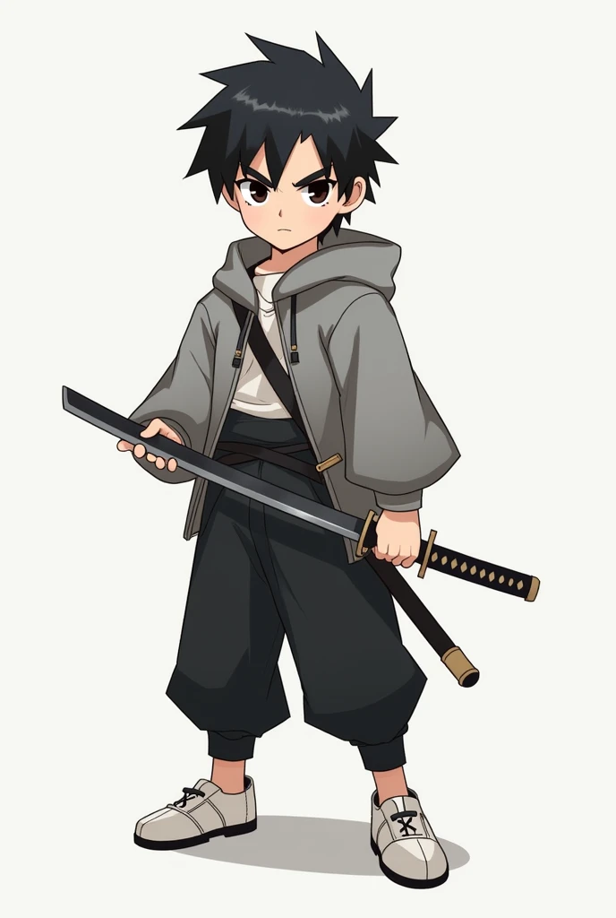 Believe me a boy with a katana the boy who has black eyes, gray eyebrows and black hair and poleron without fasteners, gray with black pants and white shoes like Minecraft