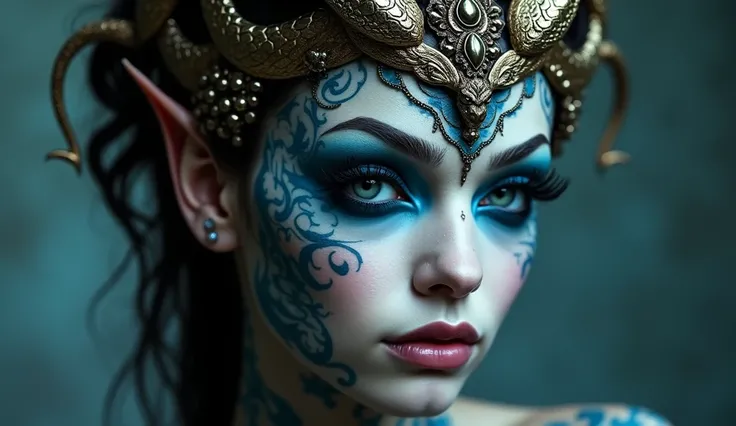 godness demon with tattoo face and body  bleu eyes ,lashes,make up, snake crown 