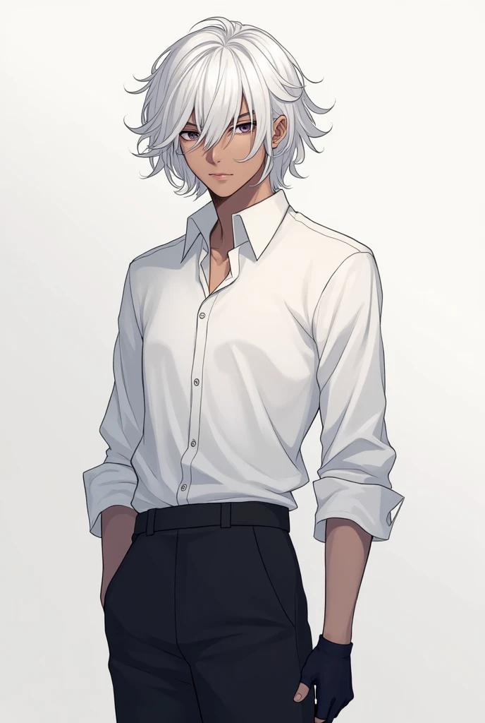  male anime character, age s,  dark skin, wavy white hair, white shirt,  black pants , Black glove