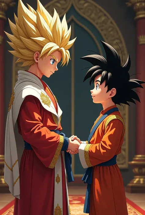 Goku and Gohan shaking hands dressed in elegant costumes 