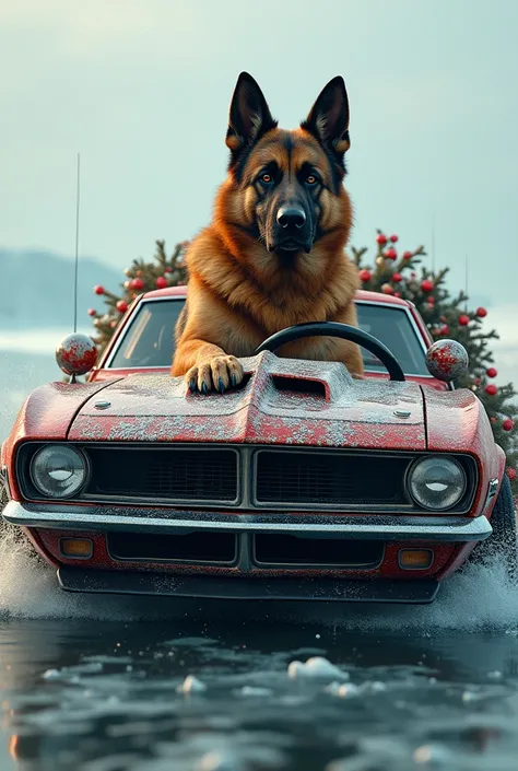 Big muscular Shepard dog sitting in muscle car in Russian xmas ornament, riding on frozen sea, throttle engine 