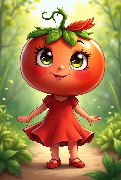 Create pretty tomato girl mascot wearing dress and flat shoes and having a ribbon on head