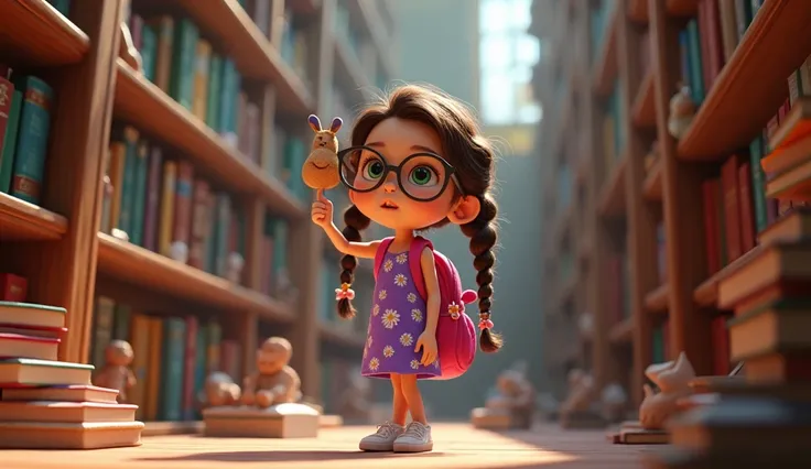 A wide-angle view of a cozy magical library interior with floating bookshelves, Mia picks a book on a shelf" Mia: "Mia is a girl with big green eyes, freckles, and wavy brown hair in two braids tied with colorful ribbons, She wears round spectacles. She we...