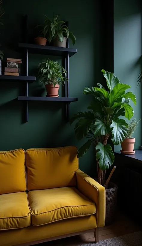 there is a yellow couch and a black shelf with potted plants, a portrait by Jacob Kainen, pexels contest winner, fine art, apartment with walls, lush plant and magical details, dark interior, muted lighting, plant photography, dimly lit interior room, indo...