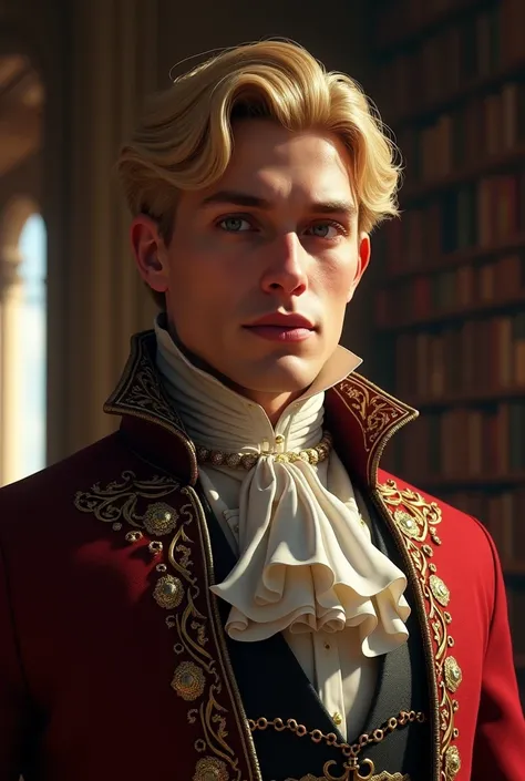 handsome blond man wearing a earl costume, in the background a library of victorian era mansion, 32k, high definition, photography, detailed, natural lighting hyper detail complex, hyper detailed face, perfect eyes nose and lips, 32k concept art portrait b...