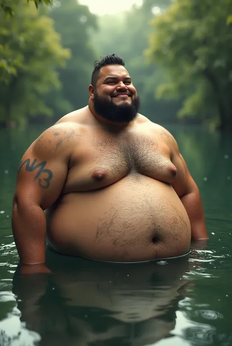 Generate an image of the fat player Neymar in a lake