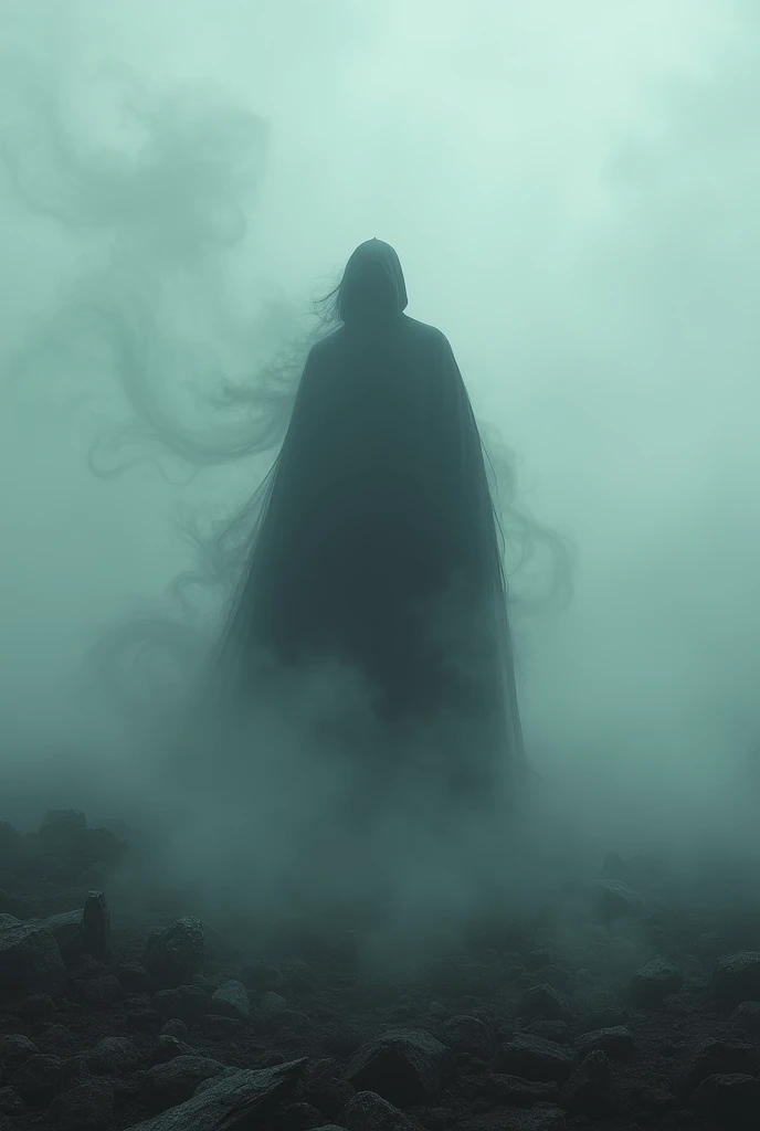 A man who appears in the form of a shadow among a mysterious fog in the middle of desolation in the middle of desolation in a mysterious setting