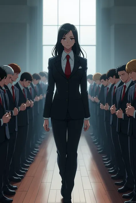 A boss standing on a front and 20 peoples kneeling down boss lag both side and they are facing each other and downing there head in front of the boss and showing him respect. Boss is woman. Anime 