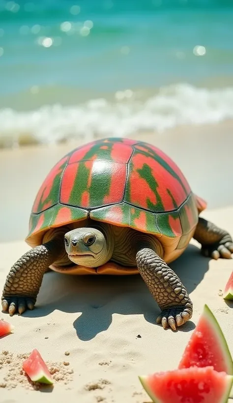 "In a serene, sun-dappled beach, a large turtle crawls slowly across the sand, its hard shell resembling the vibrant, striped texture of a watermelon. The turtle’s greenish-brown skin contrasts beautifully with the bold red and green patterns of the waterm...