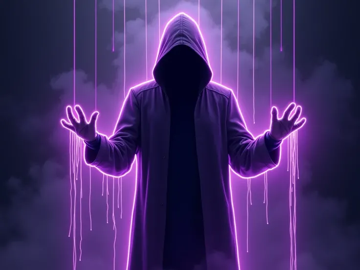 A man with hands stretched out like strings like puppet master in black hoodie wit no face and purple neon outline glow
