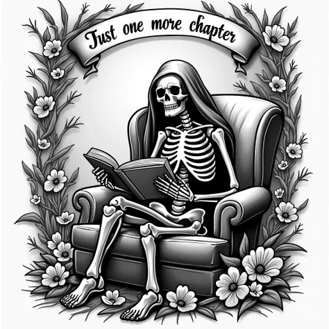 vintage tattoo stile black and white illustration of female skeleton reading a book, sitting in armchair surrounded with floral motifs, banner above with text: Just one more chapter