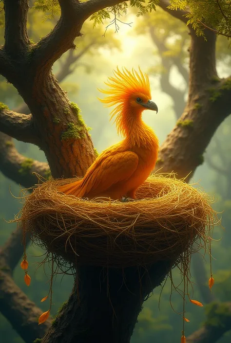 Gold nest and big bird on tree