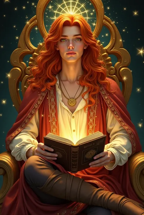 A (handsome 20 year old man)++ with (long red hair)+++, (golden eyes)+++, storyteller, wearing (starry clothes)+++, holding a book, surrounded by starry magic, Art Nouveau style, inspired by Alphonse Mucha, , intricate details, elegant and ornate, high det...