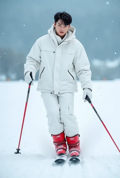 Photo of a handsome Korean man, trendy neat hair, white skin. He wore winter clothes, including a white jacket, white pants, red boots from the brand "Purely Artificial", and white gloves. the man was caught skiing while holding his ski poles and sliding d...