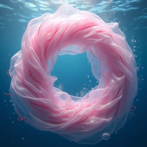 underwater world ocean, transparent pink silk fabrics in vortex and bubbles small colored ropes red 