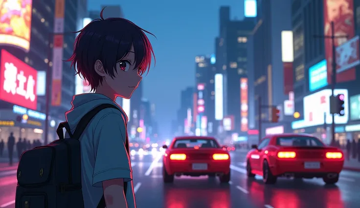 a person anime looking two cars in the big city 