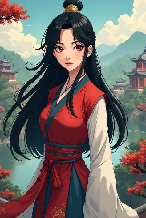 Create an image of the character Mulan in the same cartoon style as the Tokyo Revengers anime