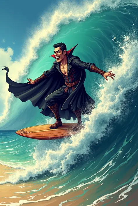 

 a vampire riding a wave on the beach ,  and the style of this art is ancient ,  cartoonized and with strong colors , The image may be humorous !