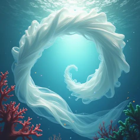 underwater world ocean, transparent white silk fabrics in vortex like free petals and bubbles small colored ropes red coral branch