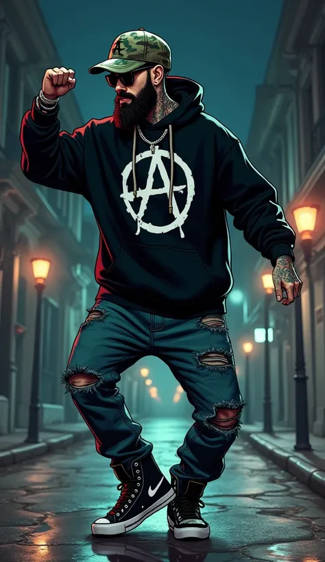 Illustration, darl comic style, hyperrealistic, of a handsome white rapper, beard, camouflage cap, black sweatshirt printed with the "A" of anarchy, sunglasses, lots of tattoos, Nike high top sneakers, dancing rap in a sordid night street in Bogotá. Super ...