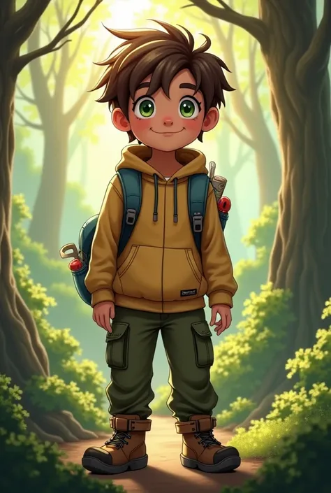 •	Age: 9
•	Hair: Messy brown hair, slightly unkempt
•	Eyes: Bright green, full of curiosity and determination
•	Clothing: Wears a simple hoodie, cargo pants, and sturdy boots. He has a small backpack with supplies.
•	Personality: Eager, brave, and highly i...