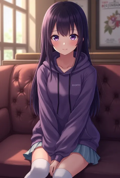 dark purple hair、straight hair、full body 、teaing smile、 she wears a purple hoodie.、overknee socks、adult asian woman、purple eyes 、leaning on a couch、young japanes woman、wide angle、 she has  purple eyes.,and Purple restaurant 