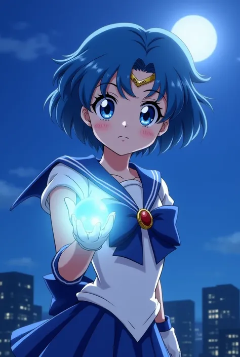 anime, Sailor Mercury, detailed face, short blue hair, large blue eyes, white and blue uniform, bow on chest, white gloves, glowing orb in hand, standing pose, night city background, full moon, soft lighting, 35mm