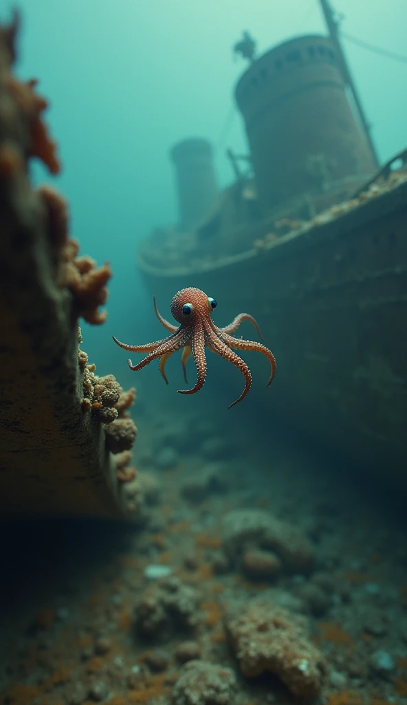 the smallest octopus ever swimming on a small old sunken ship, tilt shift, analog photo, faded, low contrast