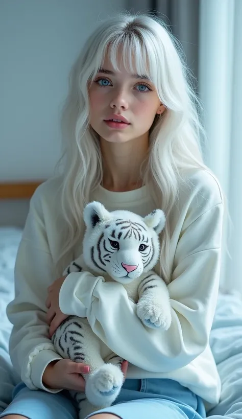 Realistic full-body photographs ,  a beautiful teenage girl with long white wavy hair with bangs, ice blue eyes ( symbolizes crystalline ocean water , as if they were two crystals illuminated by the moonbeam),  snow-white skin ( delicate and well hydrated ...